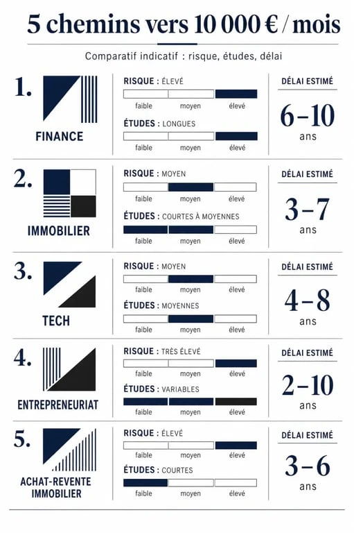 Infographie comparative des voies pour gagner 10000 euros par mois en France