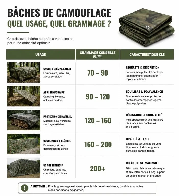 Infographie comparative des caractéristiques et usages d'une bâche camouflage selon le grammage