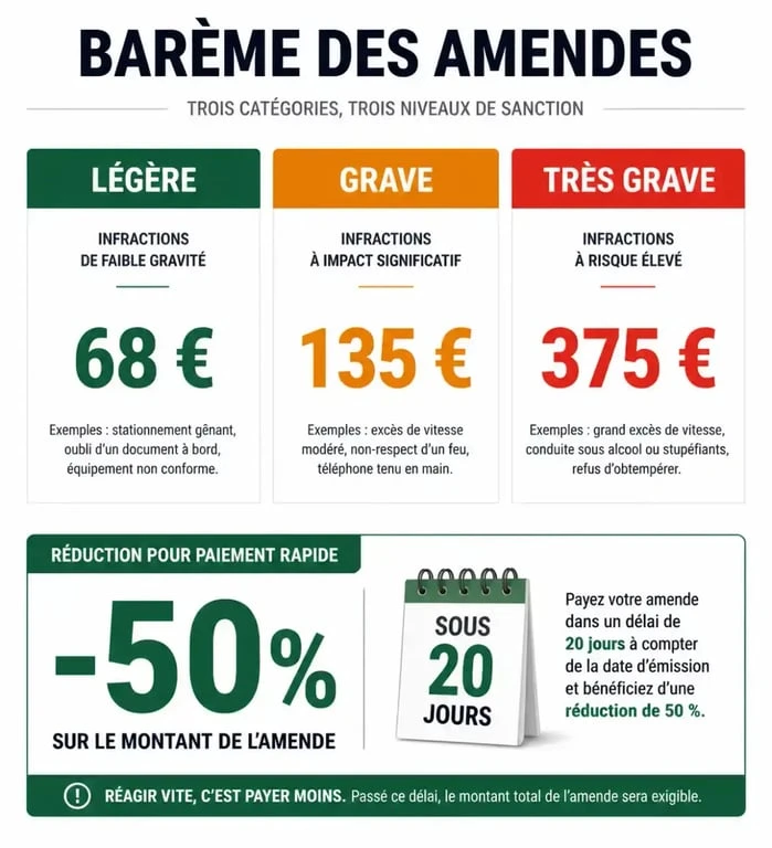 Infographie des montants des amendes en Espagne pour un français et réduction de 50% pour paiement rapide