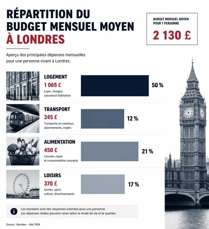 Infographie sur le coût de la vie à Londres : répartition des dépenses mensuelles pour un expatrié.