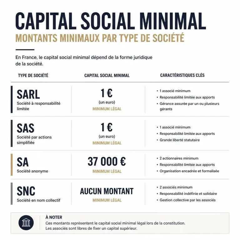 Tableau récapitulatif des montants minimaux de capital social d une entreprise par forme juridique