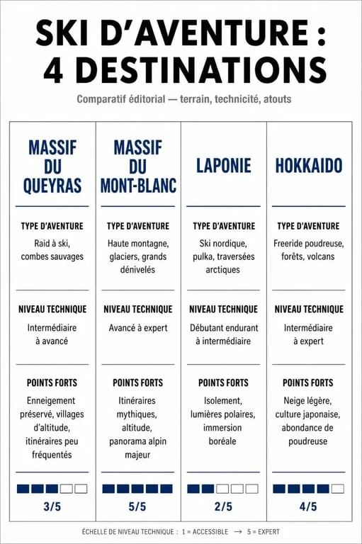 Infographie comparative des meilleures destinations pour une aventure ski : Queyras, Mont-Blanc, Laponie et Hokkaido.