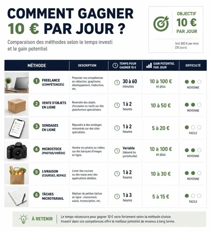 Infographie comparative des méthodes pour gagner 10 euros par jour en ligne
