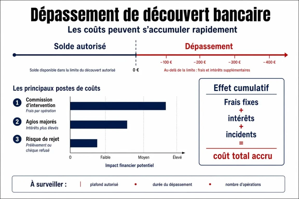 Infographie des frais et conséquences d'un dépassement de découvert autorisé au Crédit Agricole