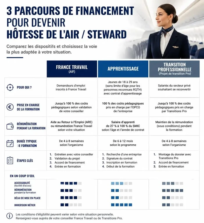 Infographie comparative des dispositifs de financement pour une formation hôtesse de l'air gratuite