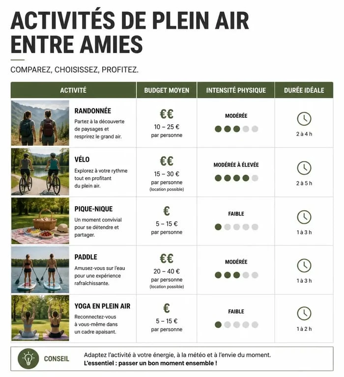 Infographie comparative des activités à faire entre copines dehors : budget, intensité et durée