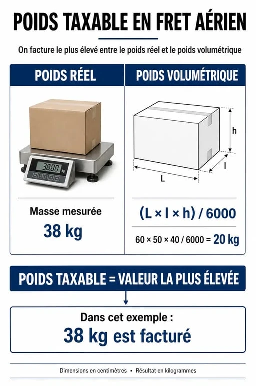 Infographie expliquant le calcul du poids taxable et du prix au kilo dans le fret aérien
