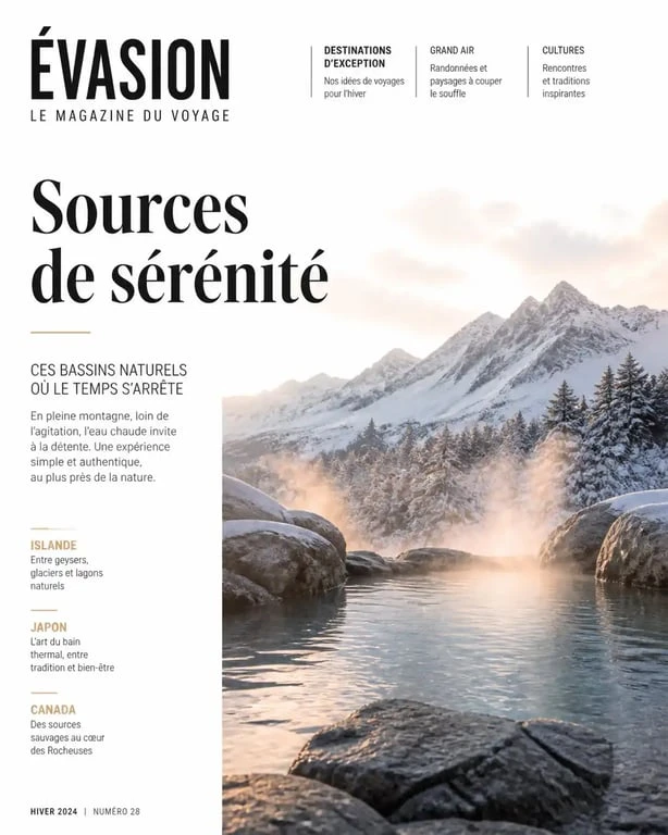 Bain d'eau chaude naturel en extérieur dans un paysage de montagne enneigé