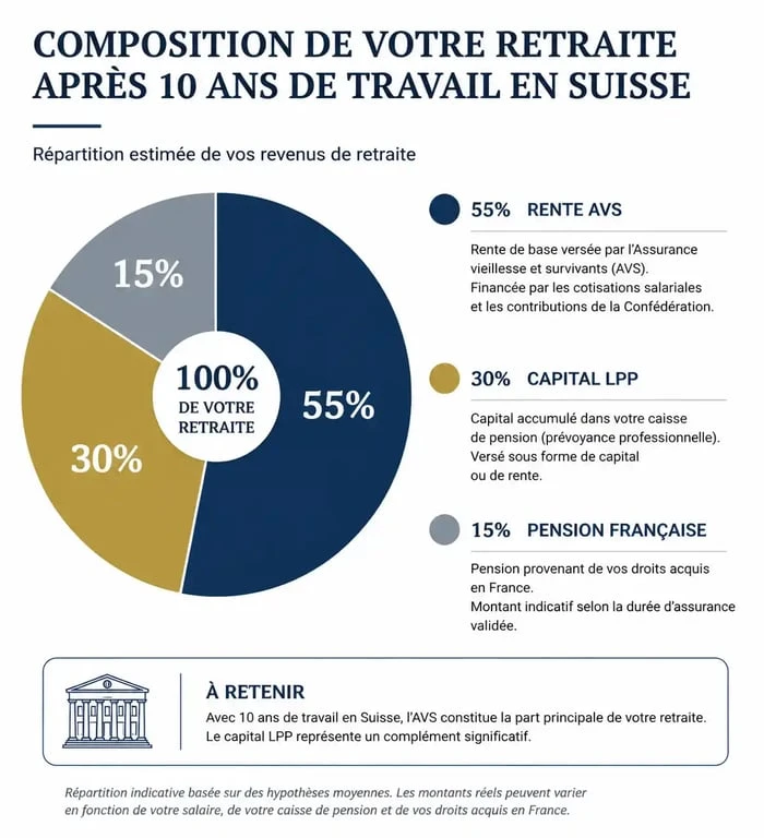 Schéma explicatif de la retraite après 10 ans de travail en Suisse : AVS, LPP et coordination avec la France