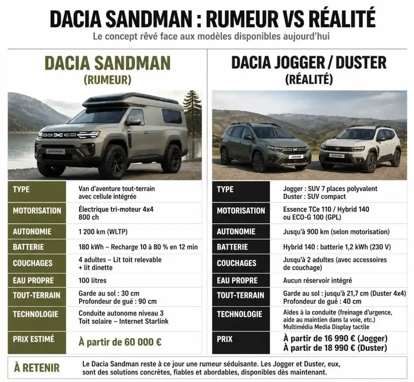 Infographie comparative entre le Dacia Sandman fictif et les modèles Dacia réels pour vérifier la rumeur