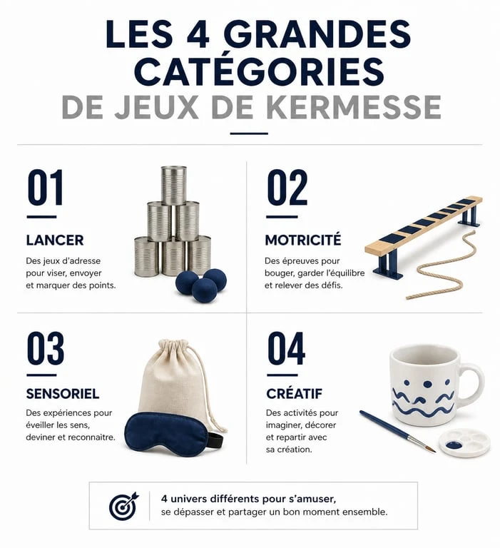 Infographie des 60 idées de jeux pour kermesse classées par catégories