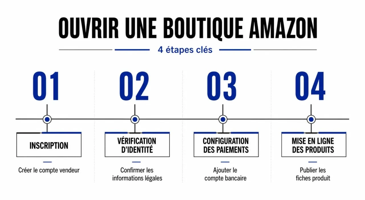 Infographie des étapes pour ouvrir une boutique Amazon et devenir vendeur professionnel