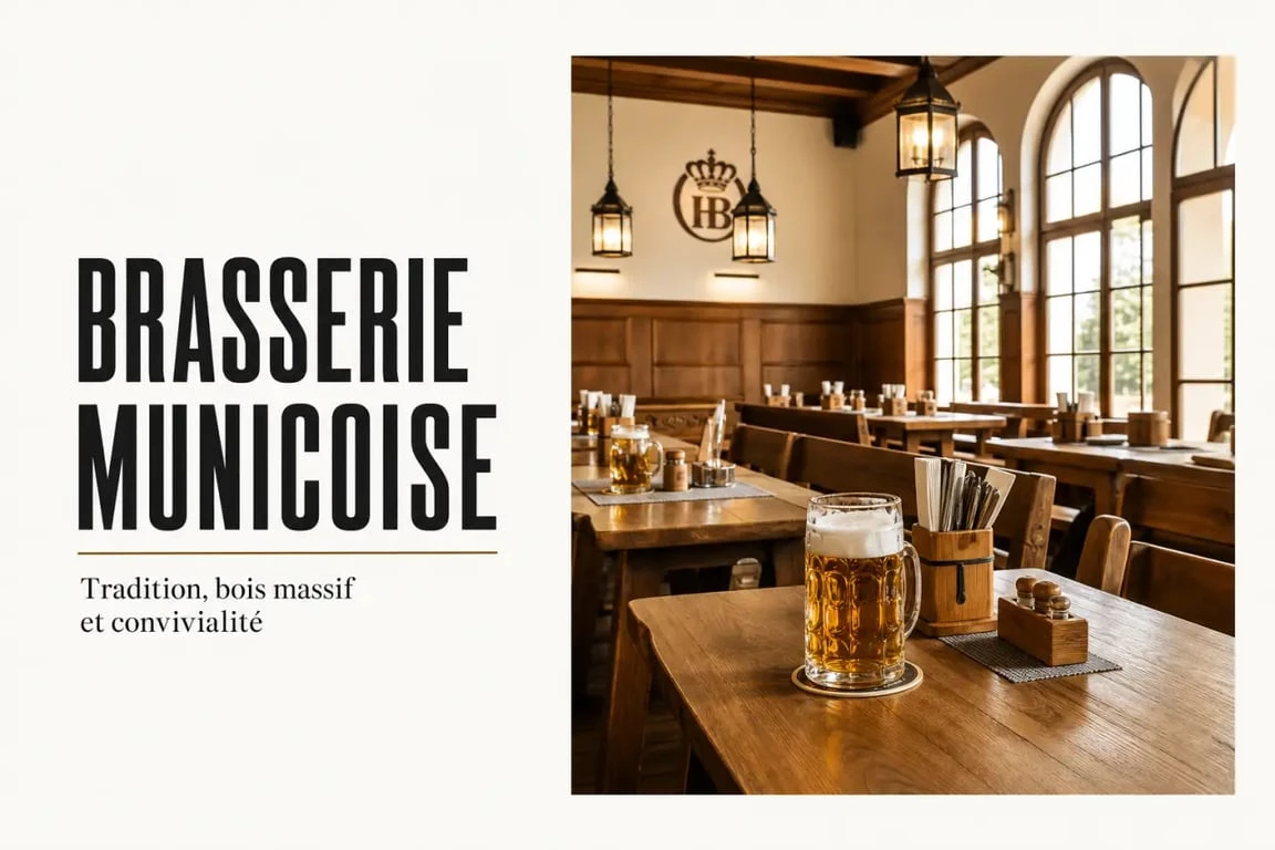 Ambiance conviviale dans une brasserie munichoise traditionnelle avec des chopes de bière