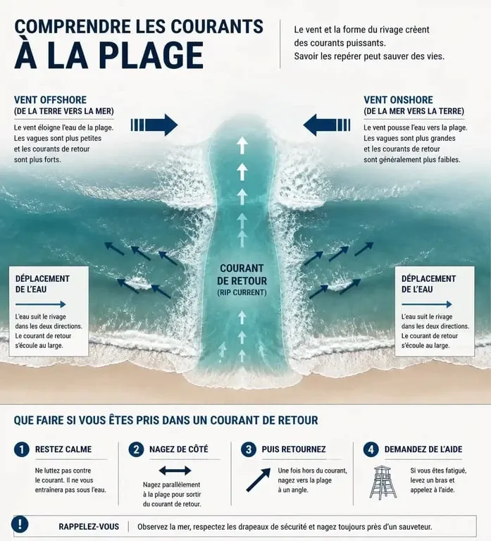 Infographie explicative sur les conditions de snorkeling : vent offshore, vent onshore et courants de retour pour un snorkel report sécurisé.