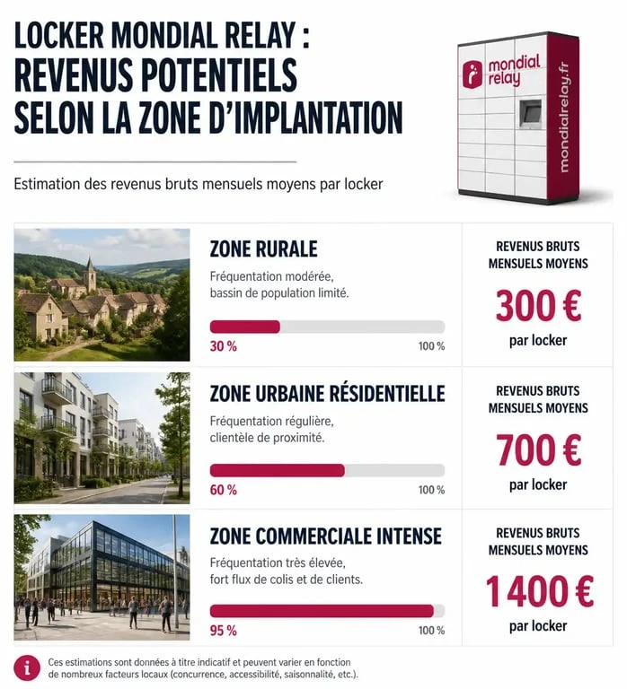 Infographie des revenus mensuels et annuels d'un locker Mondial Relay selon l'emplacement