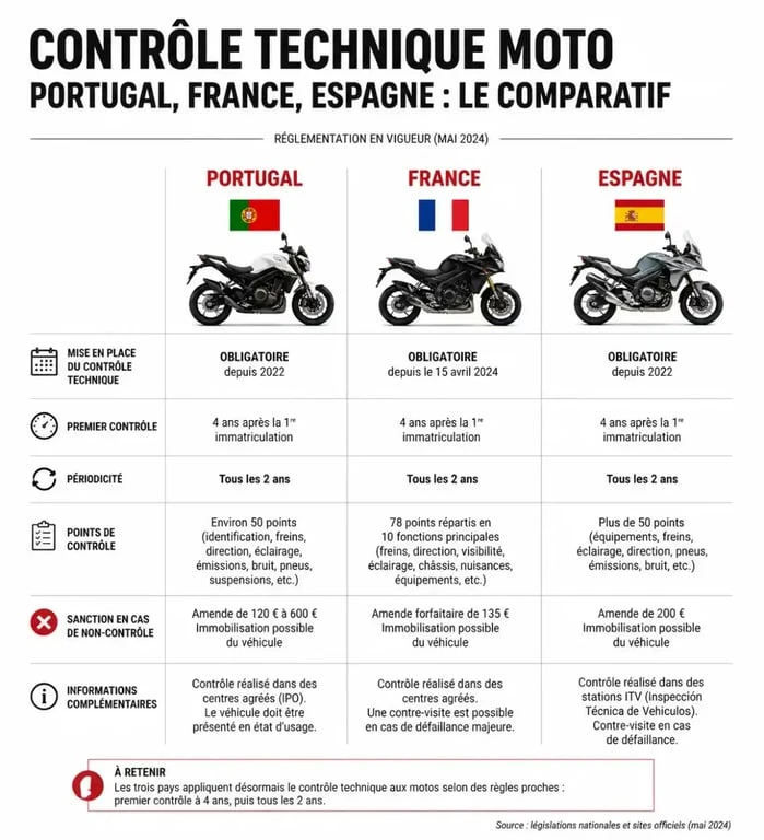 Comparatif de la réglementation du contrôle technique moto au Portugal, France et Espagne