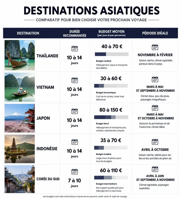 Tableau comparatif des destinations Asie : budget, durée et période idéale pour voyager.