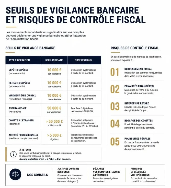 Infographie des seuils de vigilance bancaire et risques de contrôle fiscal pour virement bancaire