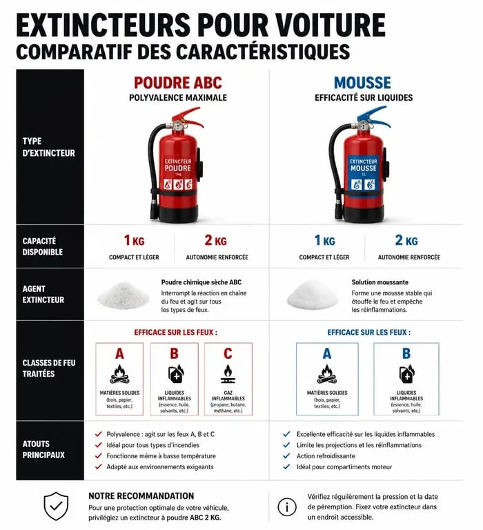 Infographie comparative des types d'extincteurs pour voiture : quel extincteur pour voiture choisir selon les classes de feu