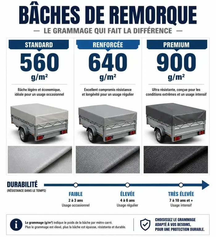 Infographie comparative des grammages et durabilité des bâches de remorque