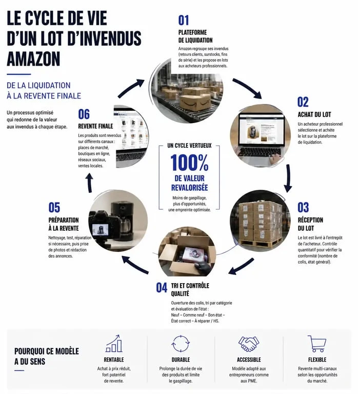 Infographie sur le processus d'achat et de revente de lot invendu Amazon
