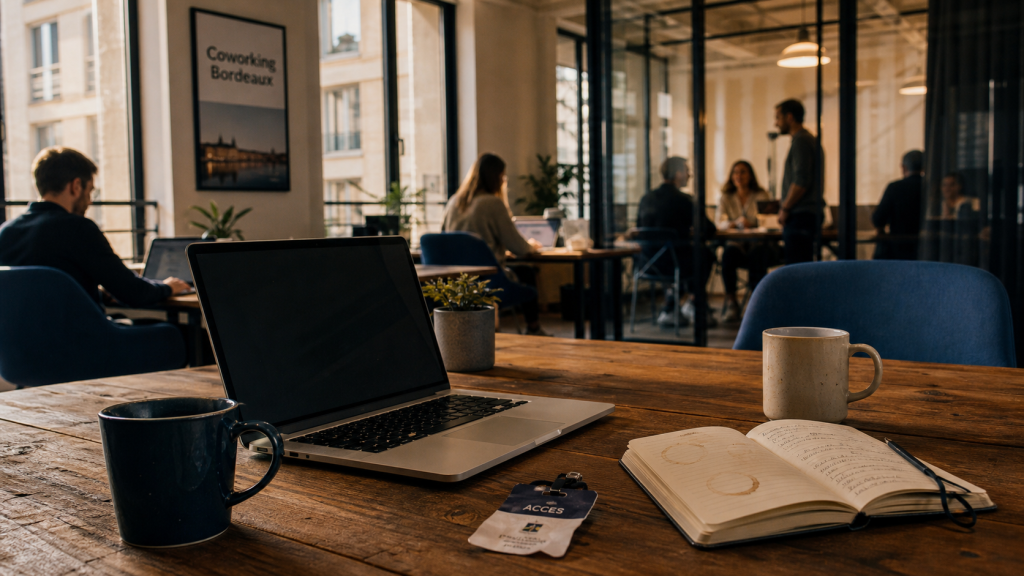 espace co working bordeaux, table avec ordinateur et salle de réunion vitrée