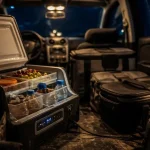Frigo pour la voiture : glacière 12V ouverte, aliments froids et câblage vers la prise