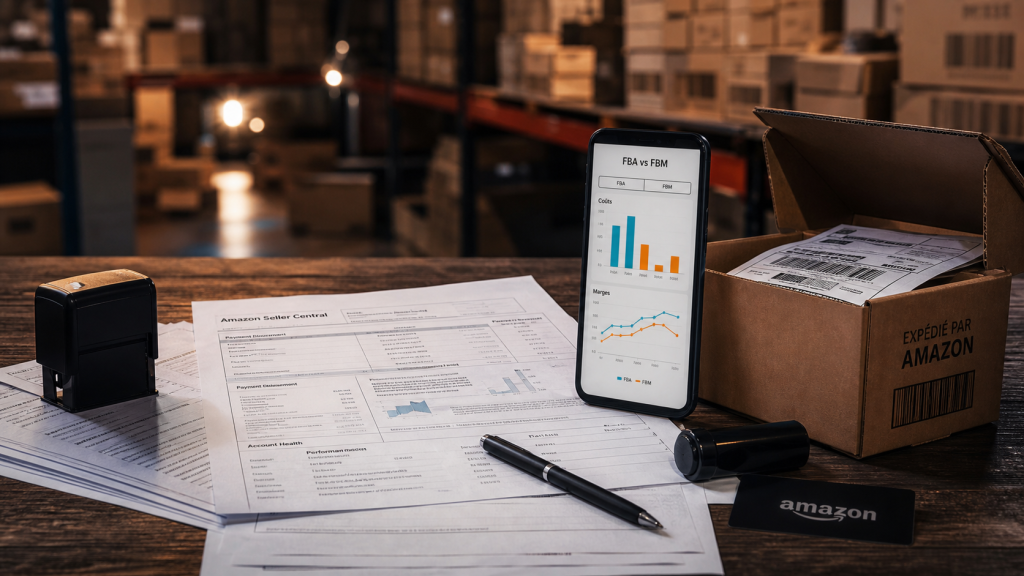 Ouvrir une boutique Amazon : documents Seller Central, étiquettes FBA, smartphone FBA vs FBM