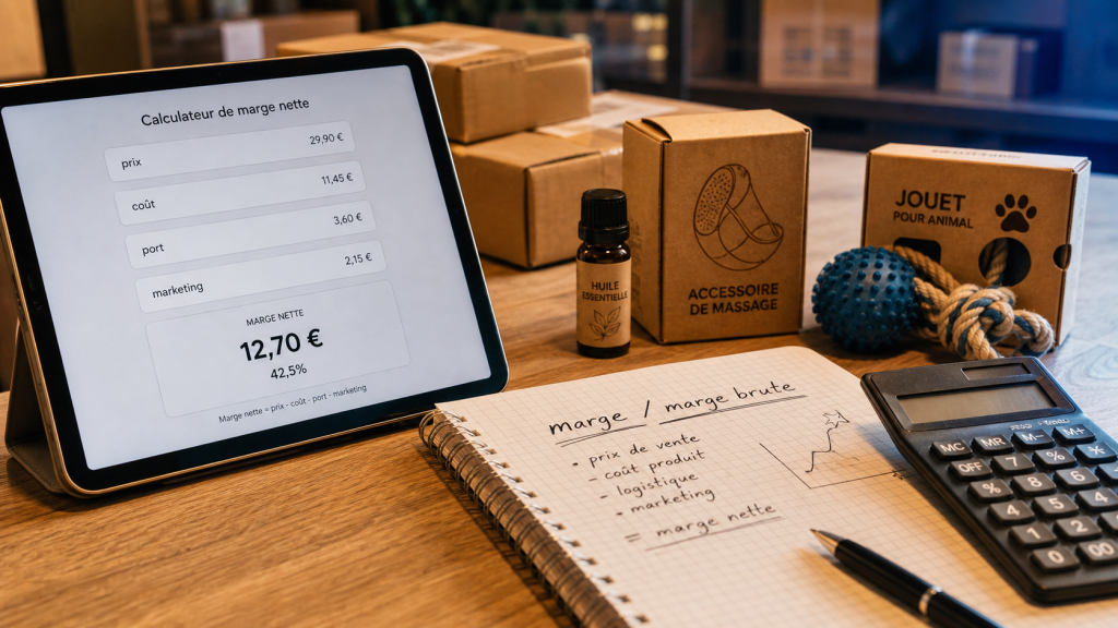 Que vendre en ligne : calculateur de marge nette sur tablette et exemples de produits