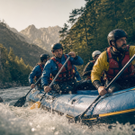 Rafting dans les Pyrénées en rivière d’eau vive, équipe en gilets