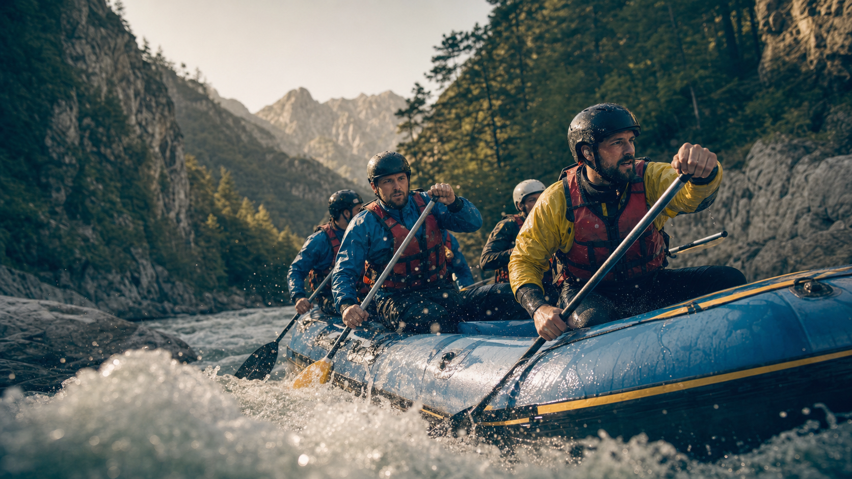 Rafting dans les Pyrénées en rivière d’eau vive, équipe en gilets