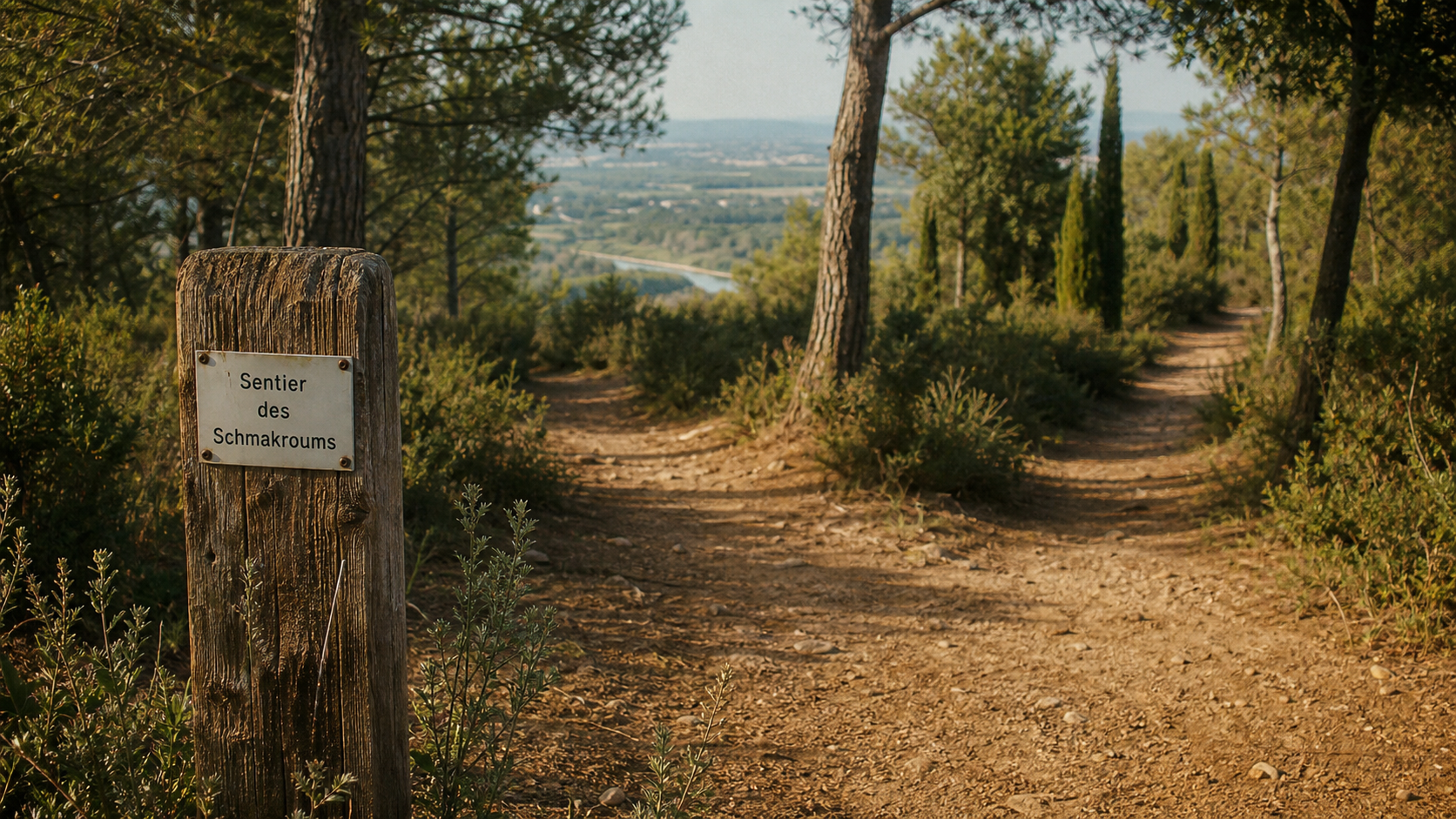 Sentier des schmakroums à Clapiers, totem en bois dans la garrigue