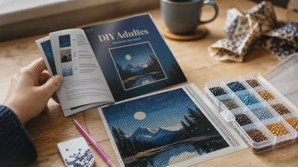 Activité créative adulte : kit DIY broderie diamants sur table
