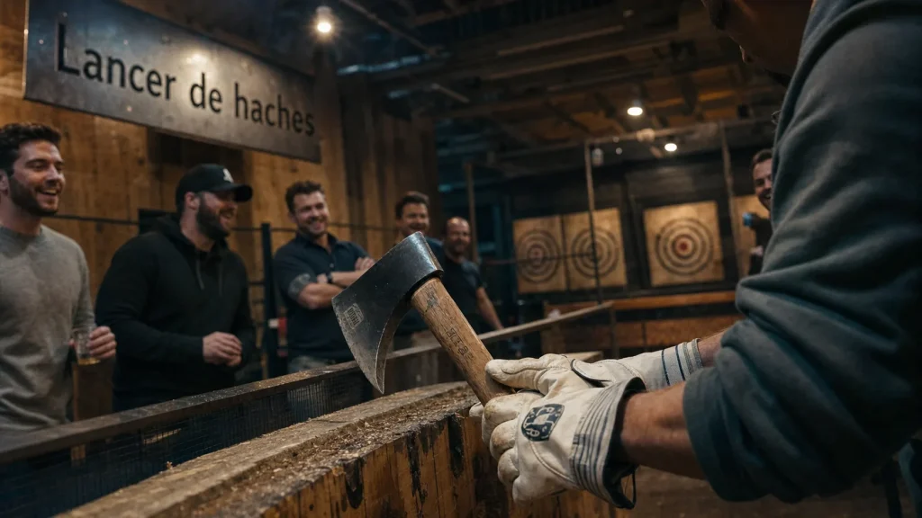 Activité insolite EVG : lancer de hache, groupe d’amis en atelier