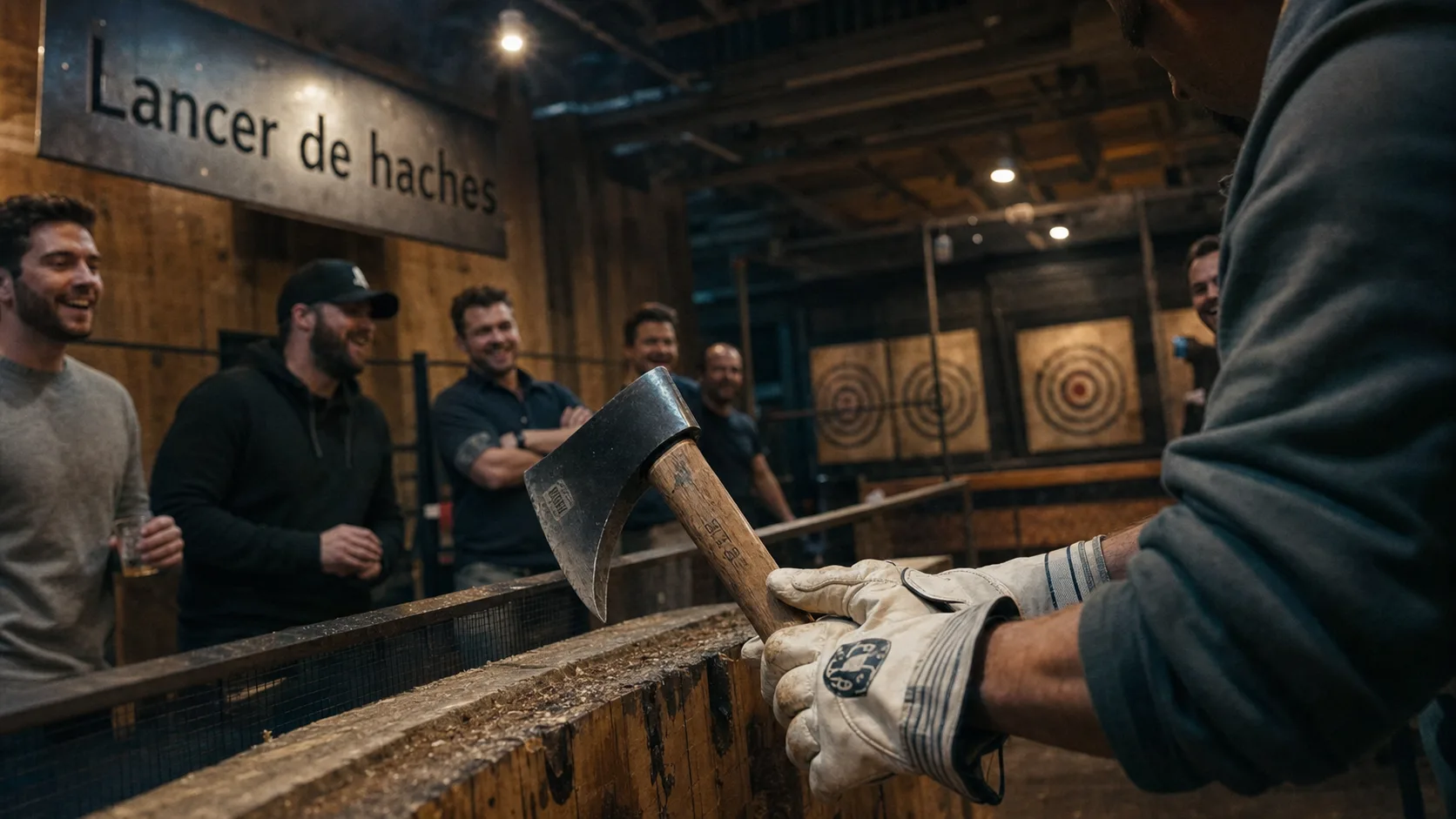 Activité insolite EVG : lancer de hache, groupe d’amis en atelier