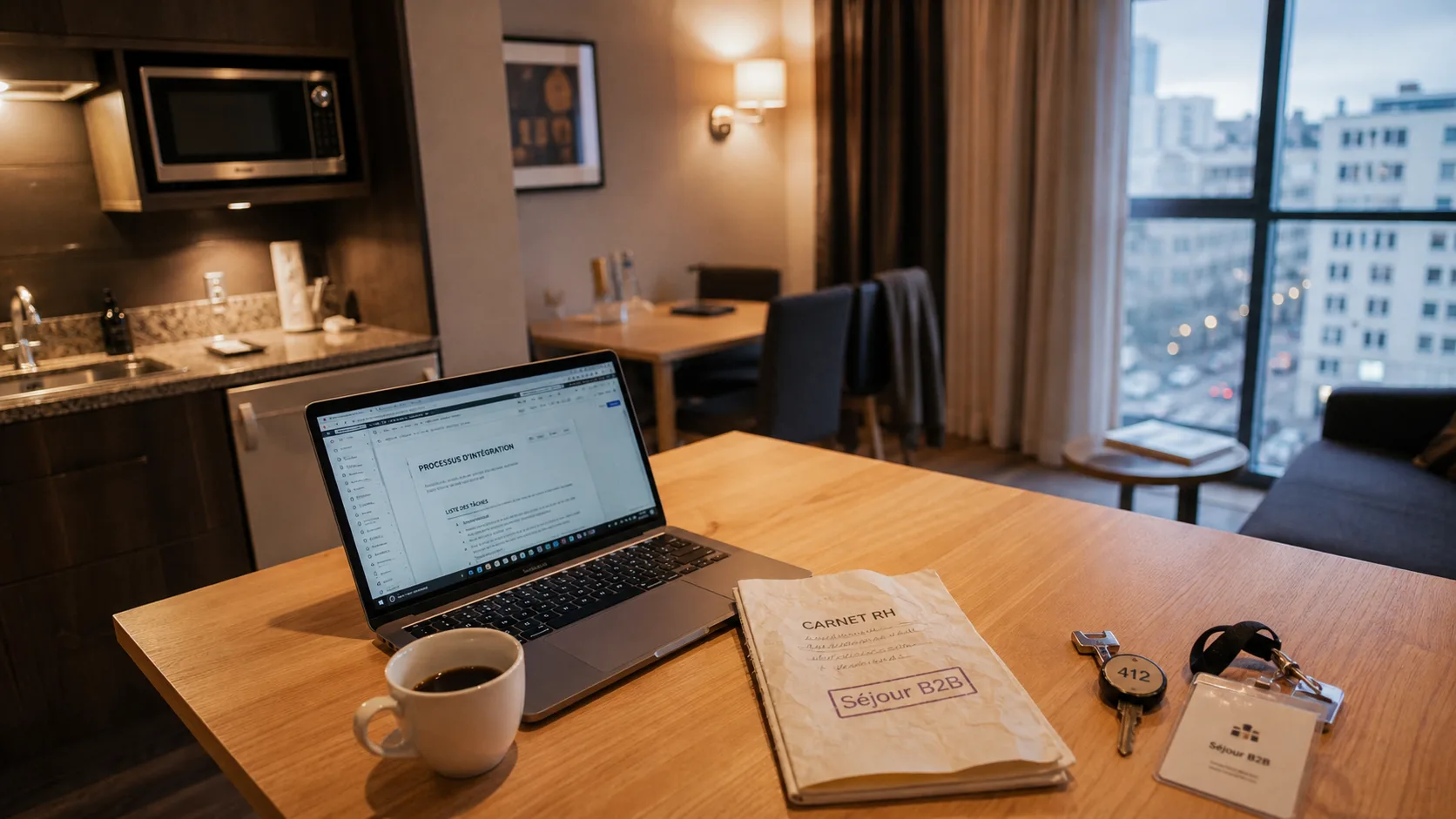 Appartehotel location entreprise : bureau avec clé, café et séjour B2B