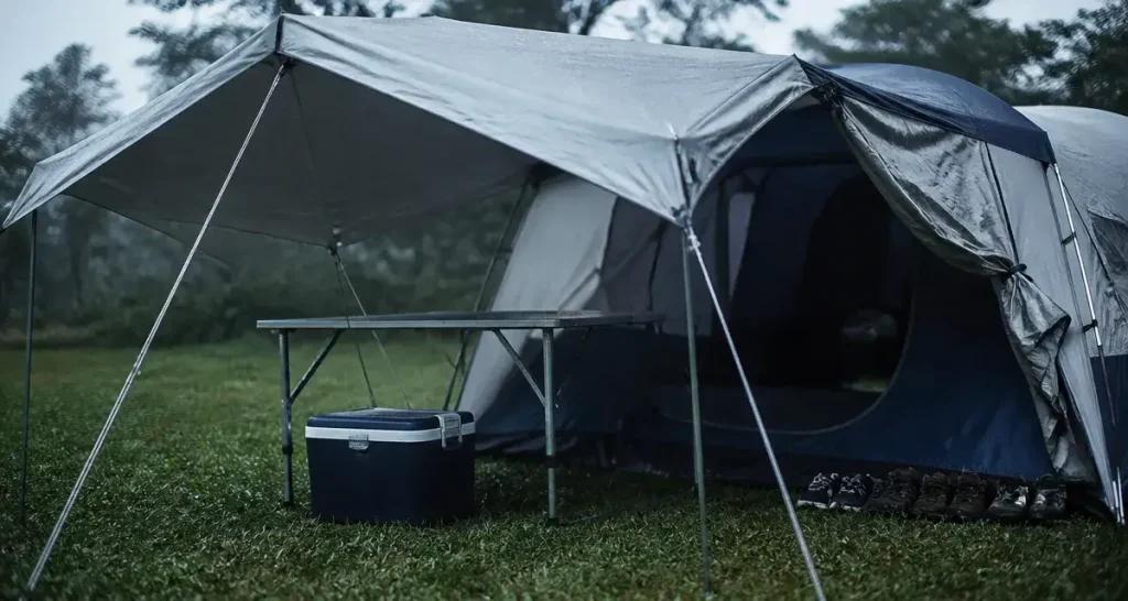 Auvent pour tente sous pluie : protection et compatibilité pour camping familial