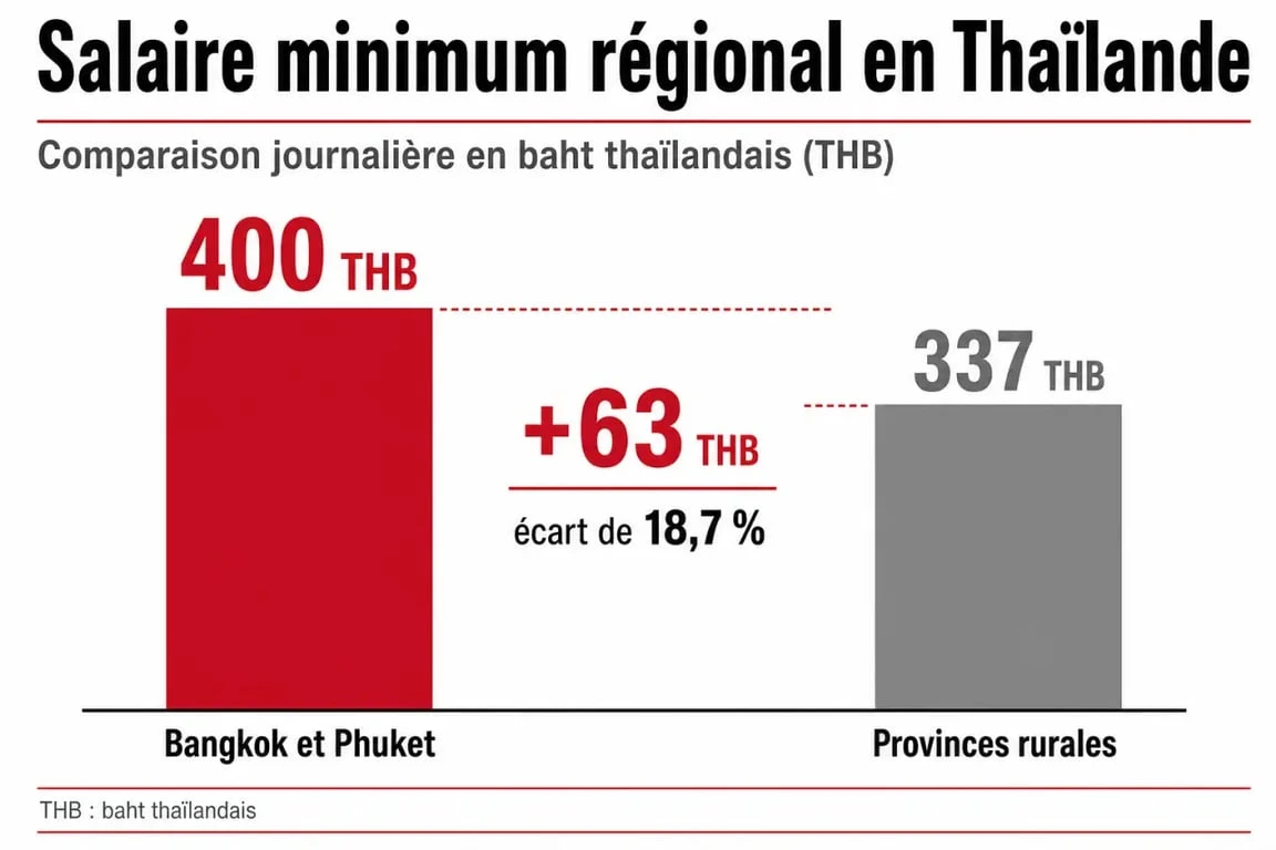 Graphique comparatif du salaire minimum légal (SMIC) en Thaïlande par région