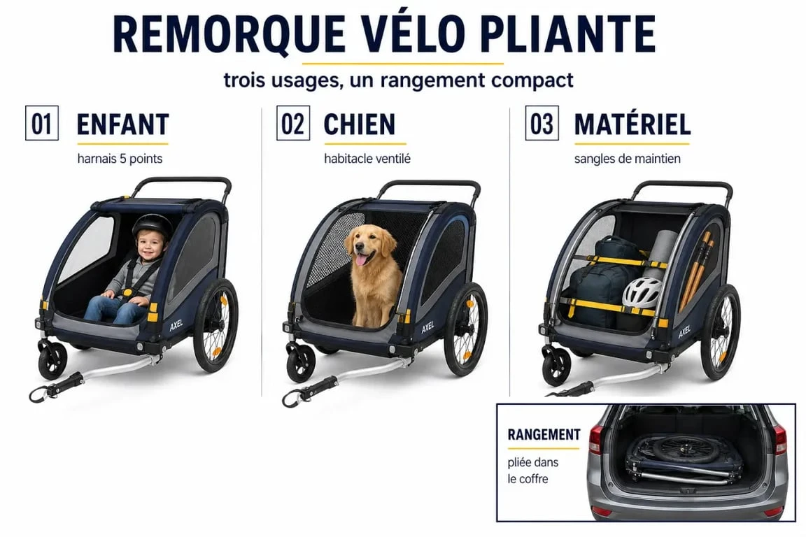 Remorque velo pliante : comparatif visuel des usages enfant, chien et matériel avec version pliée