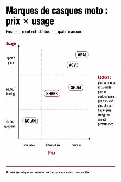 Infographie comparative des marques de casques moto : Shoei, Arai, Nolan, Shark, AGV selon le prix et l'usage
