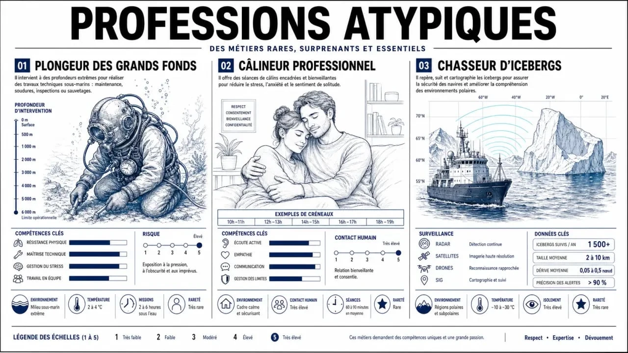 Infographie illustrant divers métiers originaux et atypiques pour une reconversion professionnelle