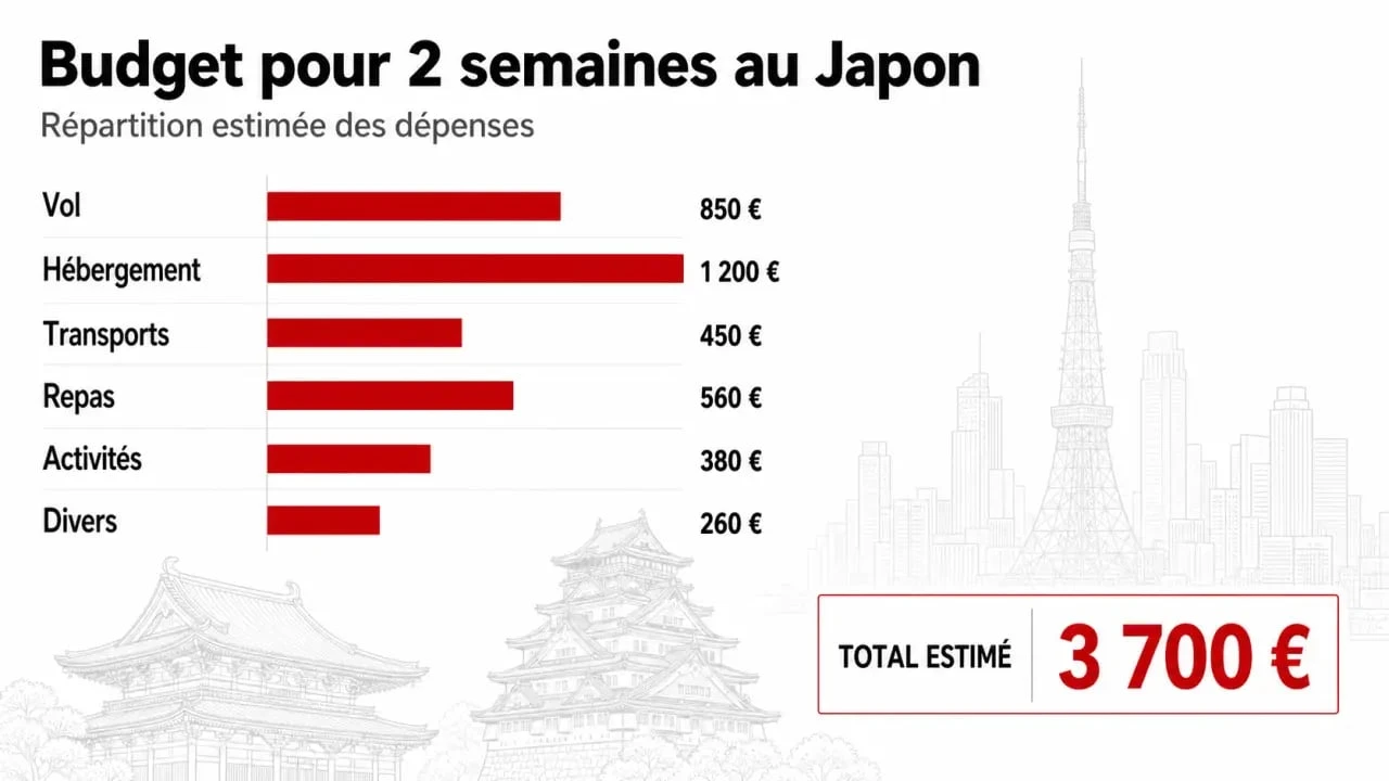 Voyage au Japon : budget et conseils, illustration éditoriale des dépenses pour deux semaines
