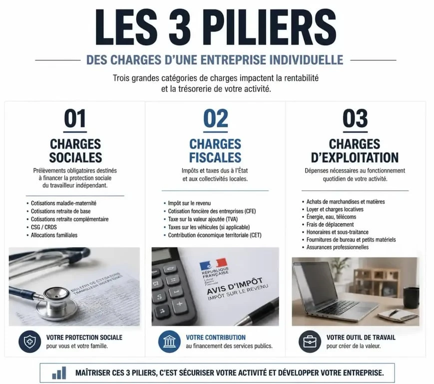 Répartition des charges d'une entreprise individuelle : sociales, fiscales et d'exploitation