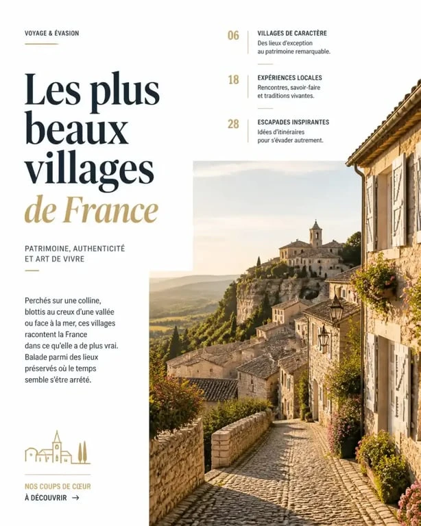 Les plus beaux villages de France : village perché en pierre blonde, ruelle pavée et fleurs au soleil