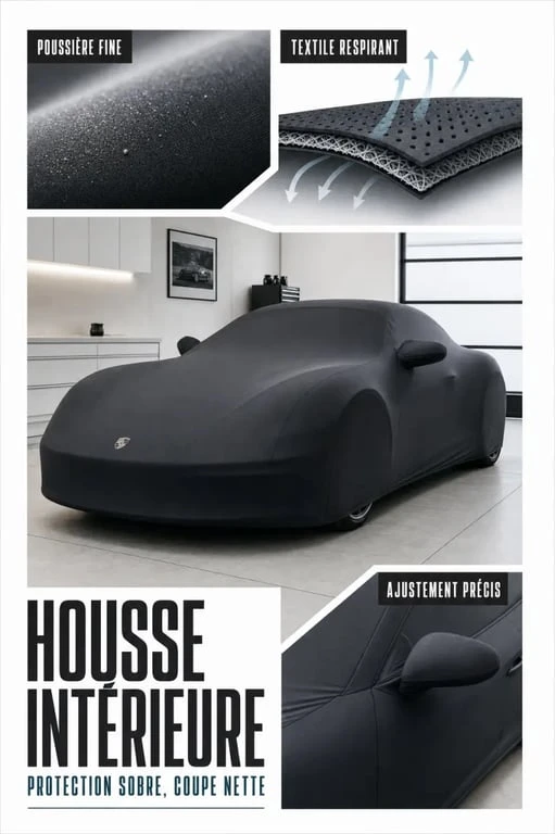 Housse voiture interieur sur une voiture dans un garage propre, avec mise en scène des matières et de l’ajustement
