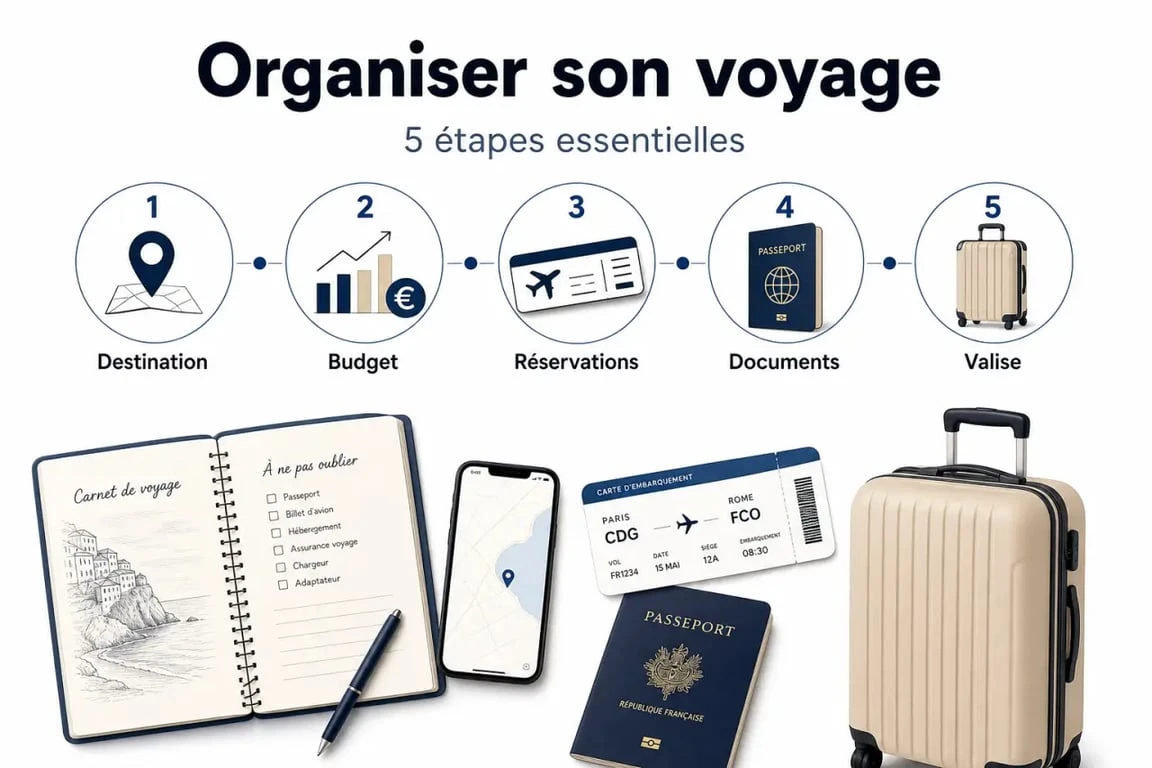 Organiser son voyage étape par étape avec une illustration des 5 étapes clés de la planification
