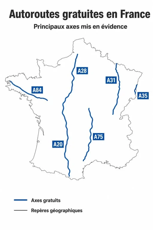 Carte des autoroutes gratuites en France incluant l'autoroute A20 et ses alternatives sans péage