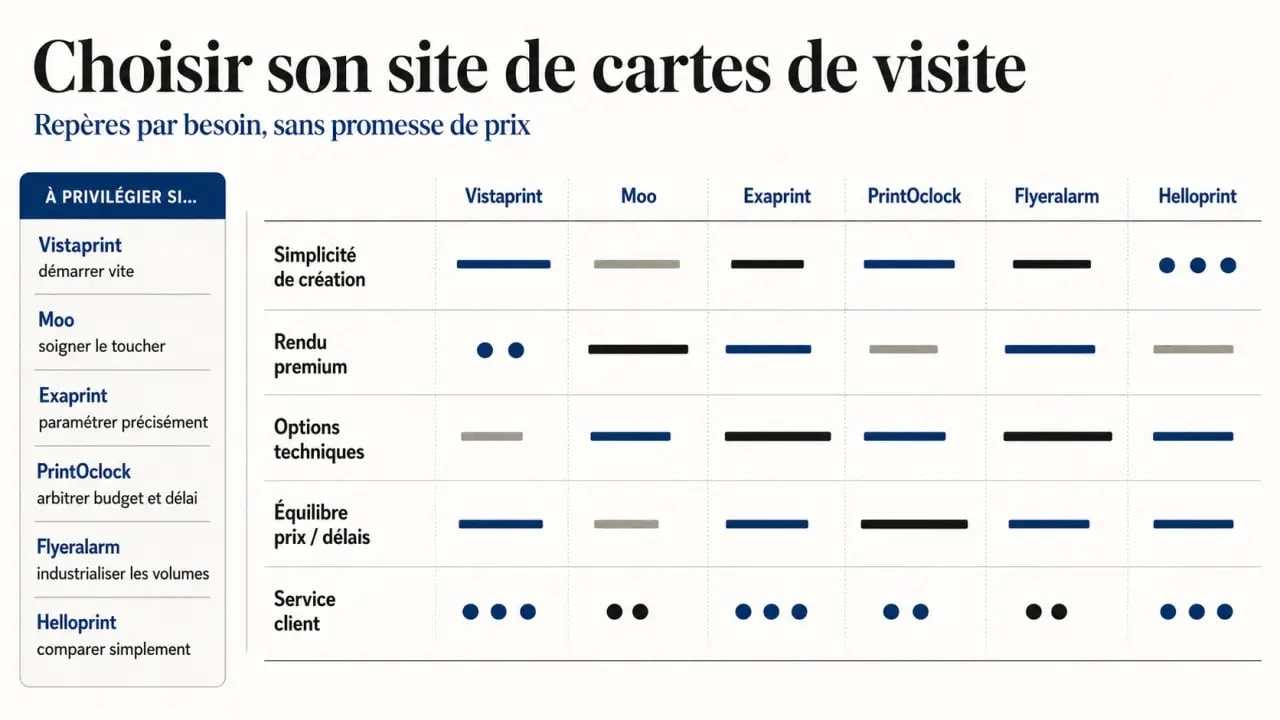 Comparatif du meilleur site pour carte de visite avec Vistaprint, Moo, Exaprint, PrintOclock, Flyeralarm et Helloprint