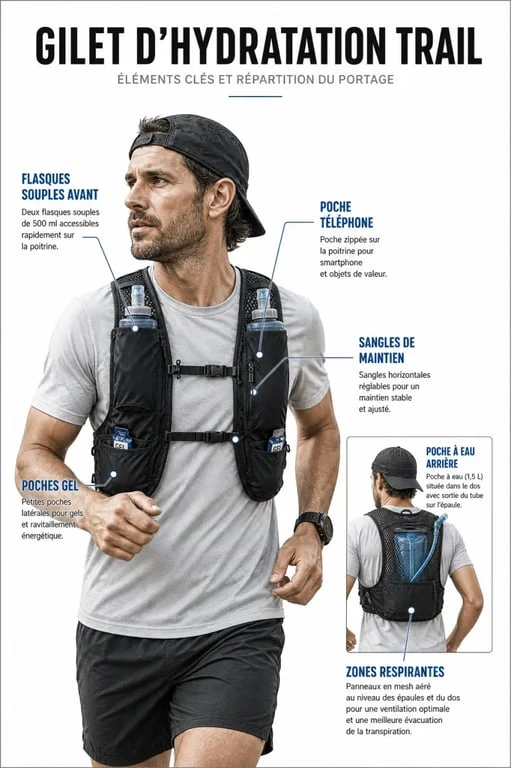 Gilet hydratation comparé en usage trail avec flasques, poche à eau et poches de rangement