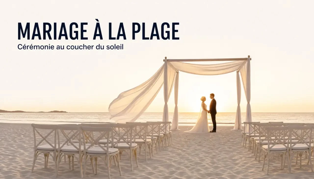 Mariage à la plage au coucher du soleil avec arche de cérémonie et invités